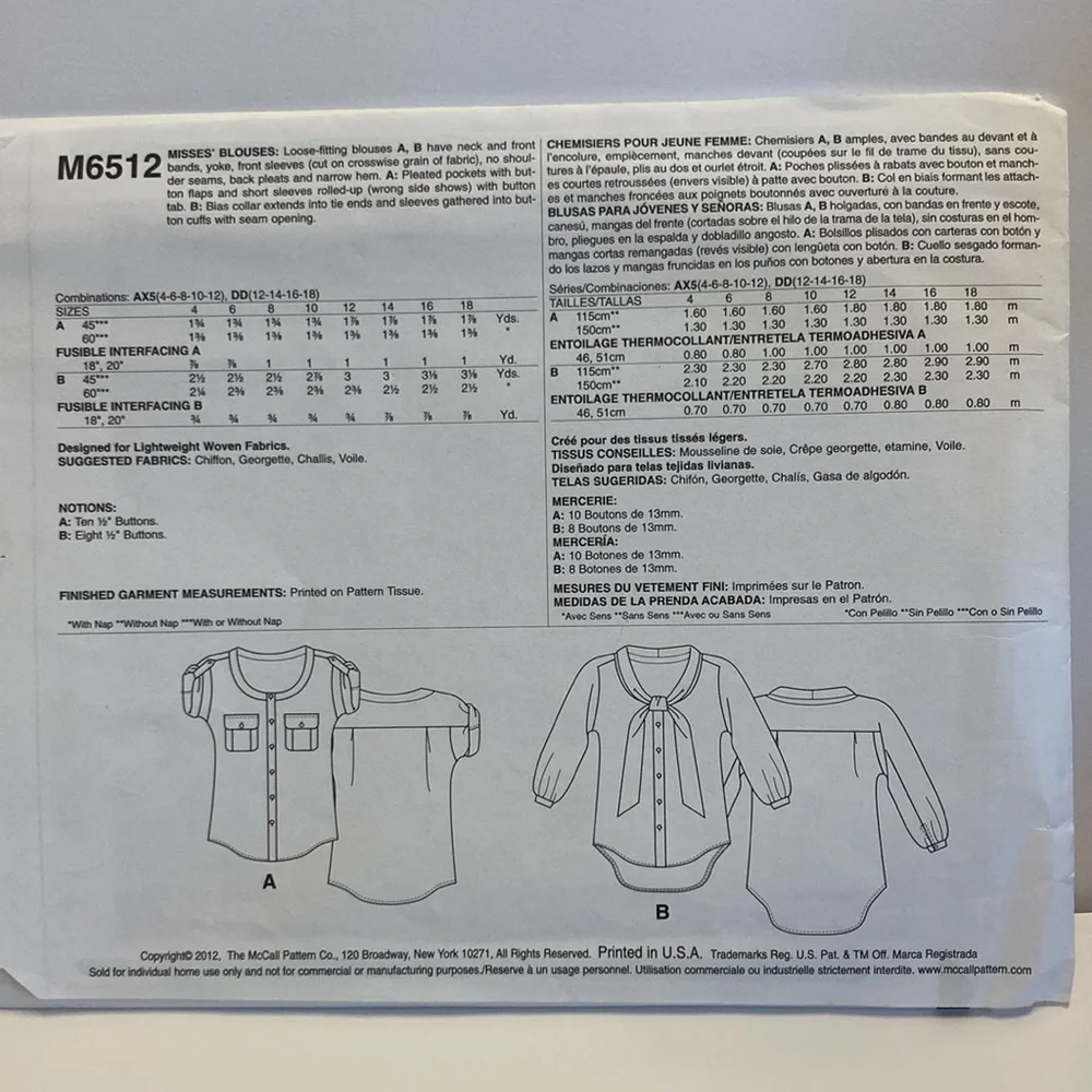 McCall’s 6512 sewing pattern blouse, no shoulder seams, bust 34”-40”